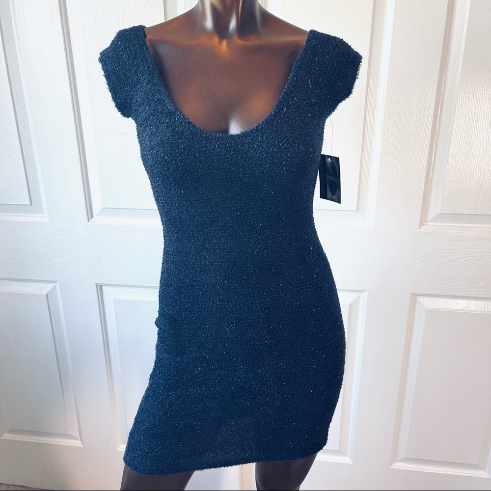 Navy Blue Glitter Stretch Knit Cap Sleeve Party Dress